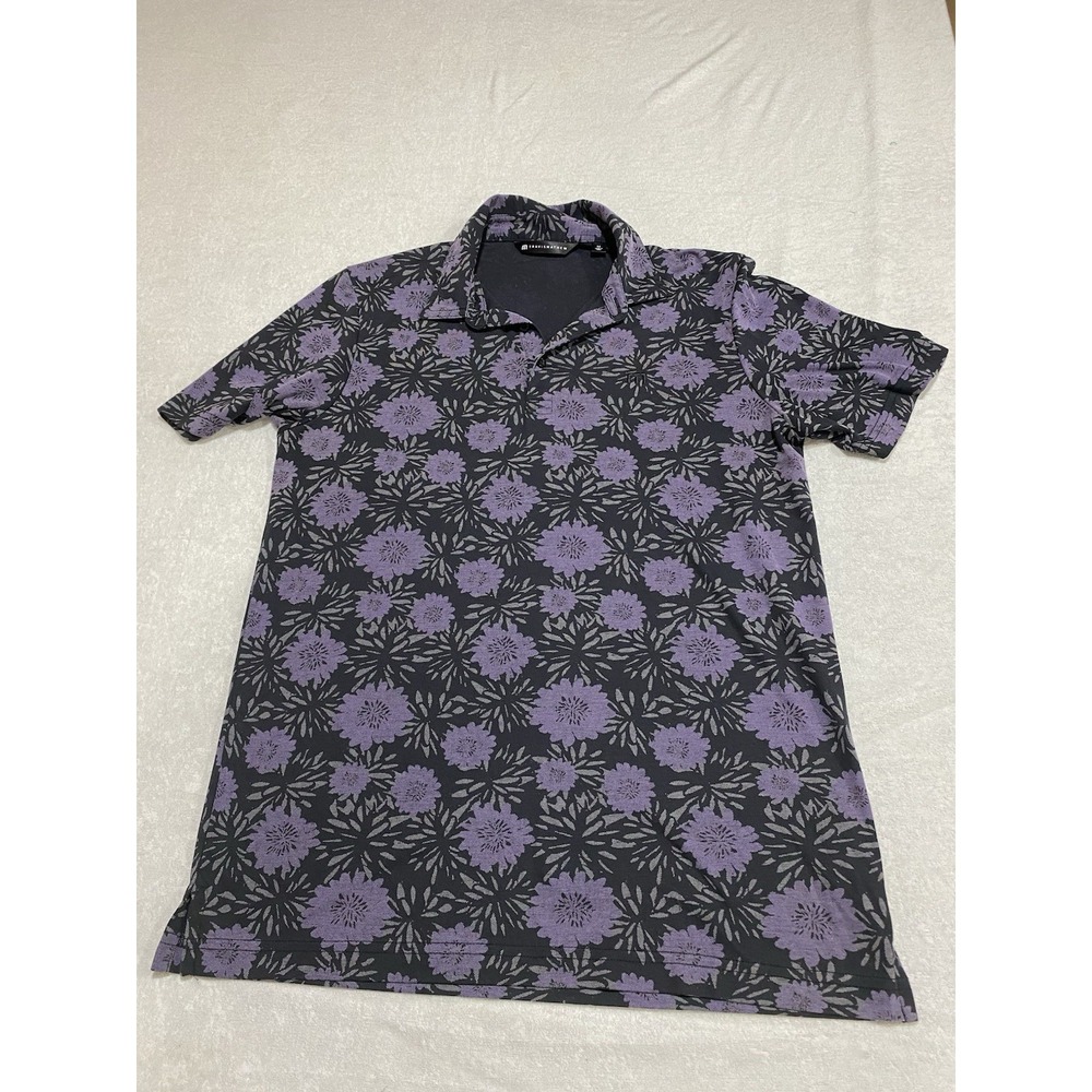 Travis Mathew Men's Not Happening Polo Shirt With Black And Purple Floral Print.